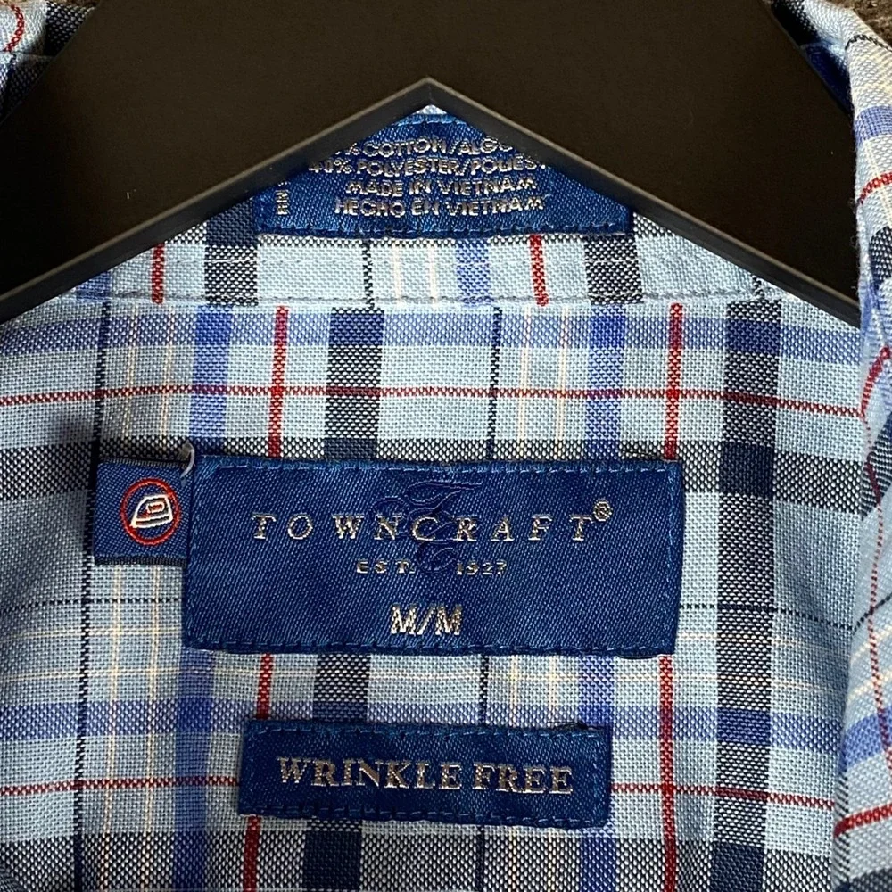 Towncraft‎ Mens Shirt Size M Blue Plaid Wrinkle Free Short Sleeve Button Up